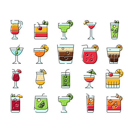 Refreshing drinks and alcoholic cocktails line icon set showcasing beveragesのイラスト素材