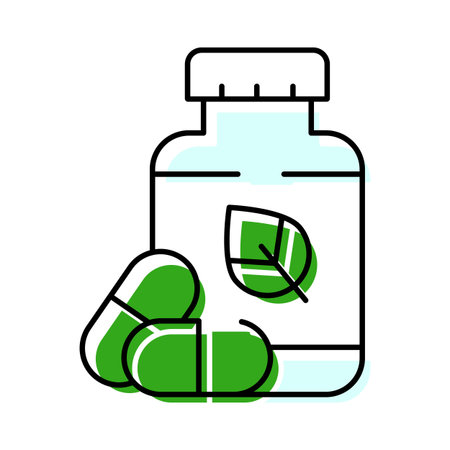 Herbal supplements bottle with organic green capsulesのイラスト素材