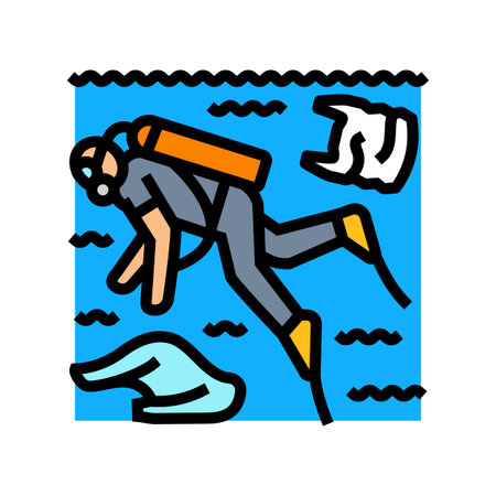 diver swimming near plastic bags color icon vector illustrationのイラスト素材