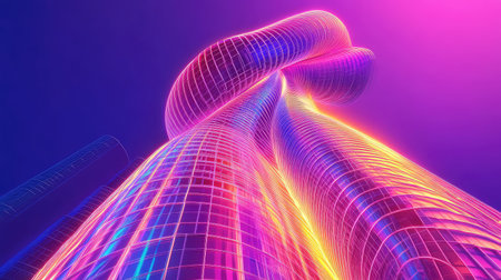futuristic neon style spiraling skyscraperの写真素材