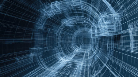 wirefrme zooming into a futuristic wireframe biolab chamberの写真素材