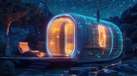 rotting futuristic wireframe of a rotating tiny cabinの素材