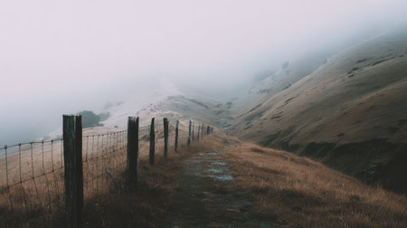 Fence line following path through foggy hillsの素材