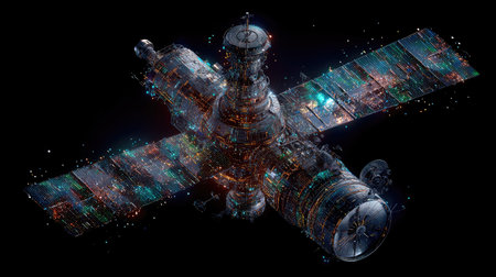 Futuristic space station orbiting earth, digital technology conceptの素材