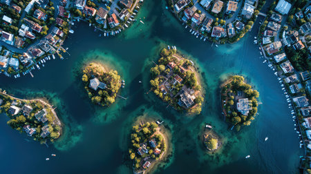 Private islands with luxury houses in a lakeの素材