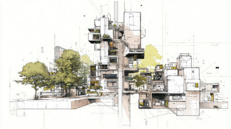 Modular urban architecture sketch with green treesの素材