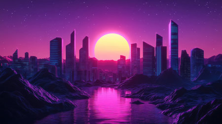 Futuristic cityscape with retro sunset and neon lakeの素材