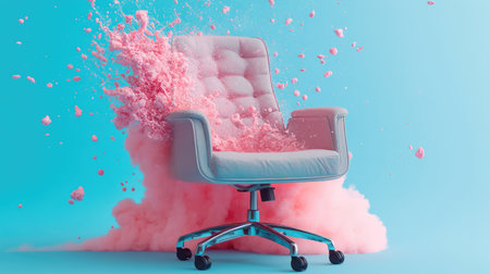 Office chair against blue background with pink explosionの素材
