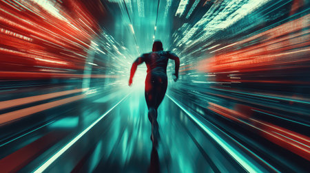 Cyber runner sprinting through futuristic data speed tunnelの素材