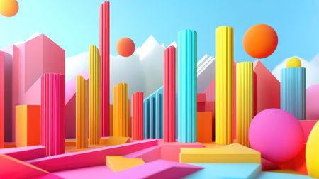 Colorful geometric shapes creating abstract 3d city landscapeの素材