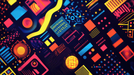 Abstract geometric pattern with vibrant neon shapes on dark backgroundの素材