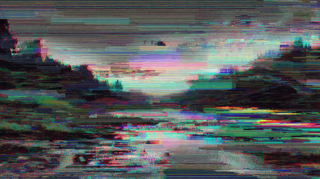 Abstract digital glitch bringing distorted landscape backgroundの素材