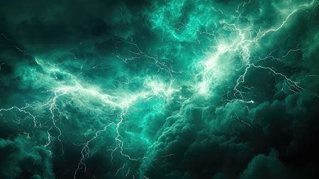 Dynamic storm clouds creating intense green lightningの写真素材