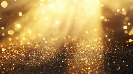 Golden glitter particles sparkling with light raysの写真素材