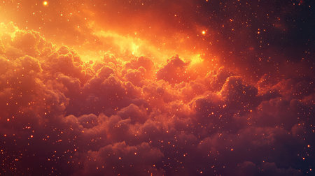 Golden glowing celestial nebula creating starfield backgroundの写真素材