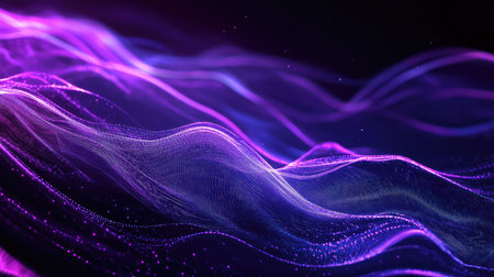 Glowing particle waves creating abstract digital technology backgroundの写真素材