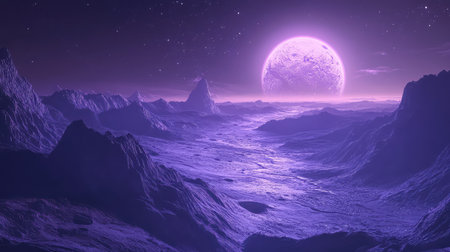 Alien planet landscape with purple sky and glowing moonの写真素材