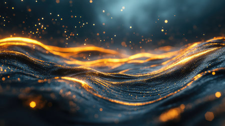 Abstract flowing waves with glowing gold energy particlesの写真素材