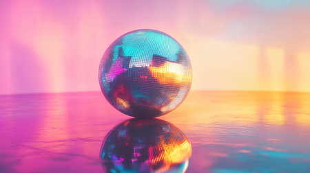 Disco ball reflecting vibrant colorful light and reflectionsの写真素材