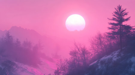 Surreal pink winter landscape with glowing orbの写真素材