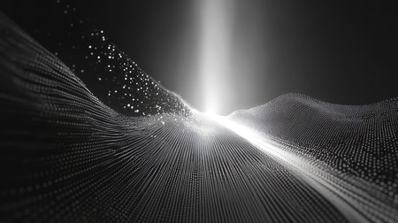 Digital data network connecting glowing particles and light beamの写真素材