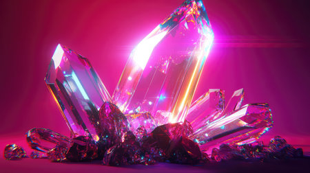 Glowing crystal cluster reflecting vibrant pink and purple lightの写真素材
