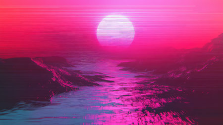 Retro wave sunset illuminating abstract cyber landscapeの写真素材