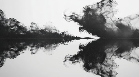 Black ink spreading in water creating abstract reflectionの写真素材