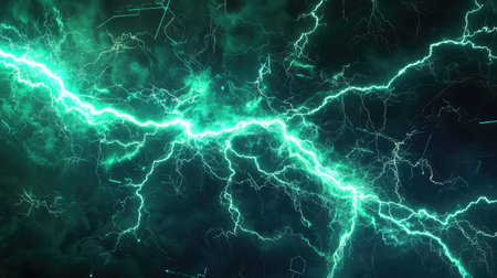 Green electrical lightning flowing through dark digital networkの写真素材