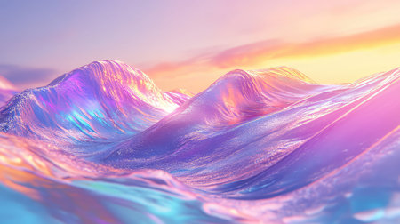 Holographic waves reflecting vibrant sunset colorsの写真素材