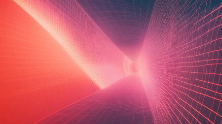 Digital wireframe tunnel creating abstract neon lightの写真素材