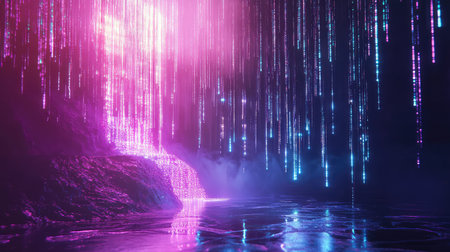 Futuristic neon particles creating glowing cascade in virtual spaceの写真素材