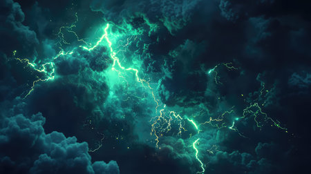 Powerful green lightning illuminating a dark storm skyの写真素材