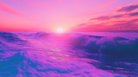 Ocean waves breaking under a vibrant pink sunsetの写真素材