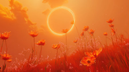 Vibrant orange field with ethereal glowing ringの写真素材