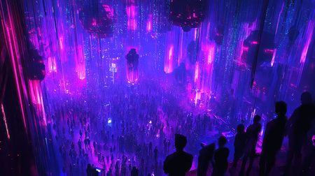 People enjoying vibrant neon lights at night eventの写真素材