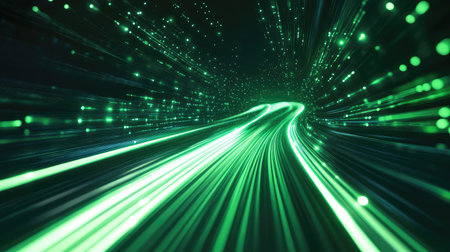 Green glowing light trails connecting data network through speed tunnelの写真素材