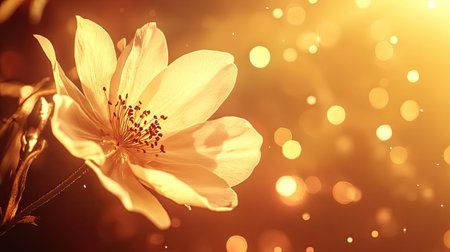 Glowing flower opening petals with golden sparkling bokeh lightの写真素材