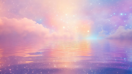 Dreamy pastel sky reflecting tranquil cosmic waterの写真素材