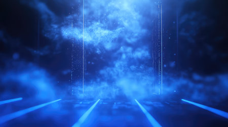 Digital data streaming through futuristic blue portal gatewayの写真素材