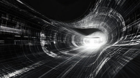 Abstract digital tunnel forming glowing data network structureの写真素材