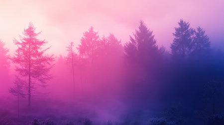 Vibrant colorful forest with dense mystical fogの写真素材
