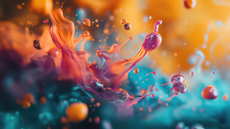Vibrant liquid splashing creating abstract colorful movementの写真素材