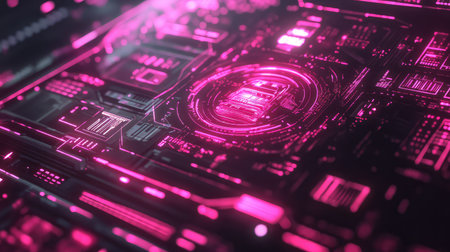 Digital data processing on glowing pink circuit boardの写真素材