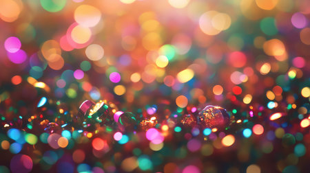 Vibrant glitter particles sparkling with festive bokeh lightsの写真素材