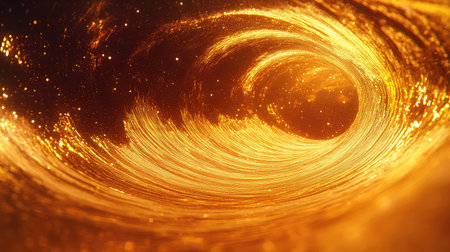 Golden light swirl creating abstract energy vortex flowingの写真素材