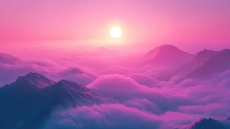 Vibrant sun illuminating pink mountain peaks above cloudsの写真素材