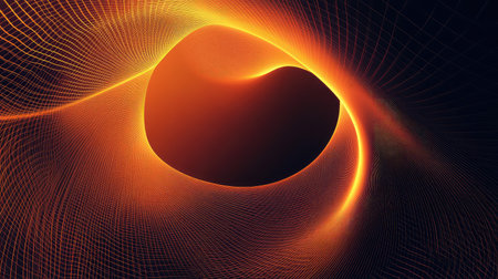 Abstract orange glowing wireframe grid tunnel creating energyの写真素材