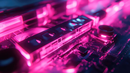 Electronic circuit board glowing neon pink lightの写真素材