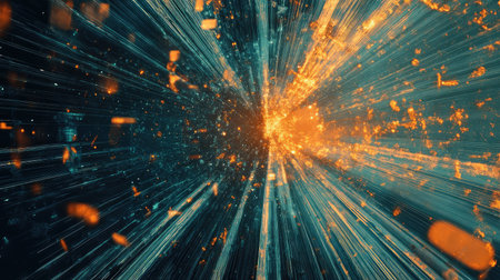 Digital data stream tunnel with glowing light particlesの写真素材